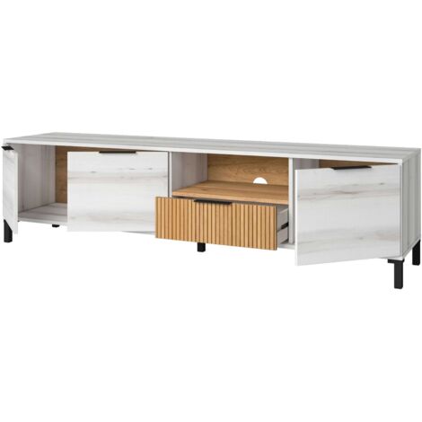 Mueble de TV para Salón Comedor Tokio Estilo Nórdico en Color Blanco Albo y Roble Rayado con 3 Puertas y 2 Cajones 178 cm