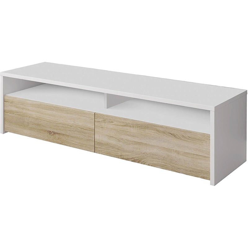 

Mueble TV para salón con dos puertas abatibles vasistas y dos pequeños compartimentos, color blanco con puertas color roble, 130 x 36 x 40 cm.