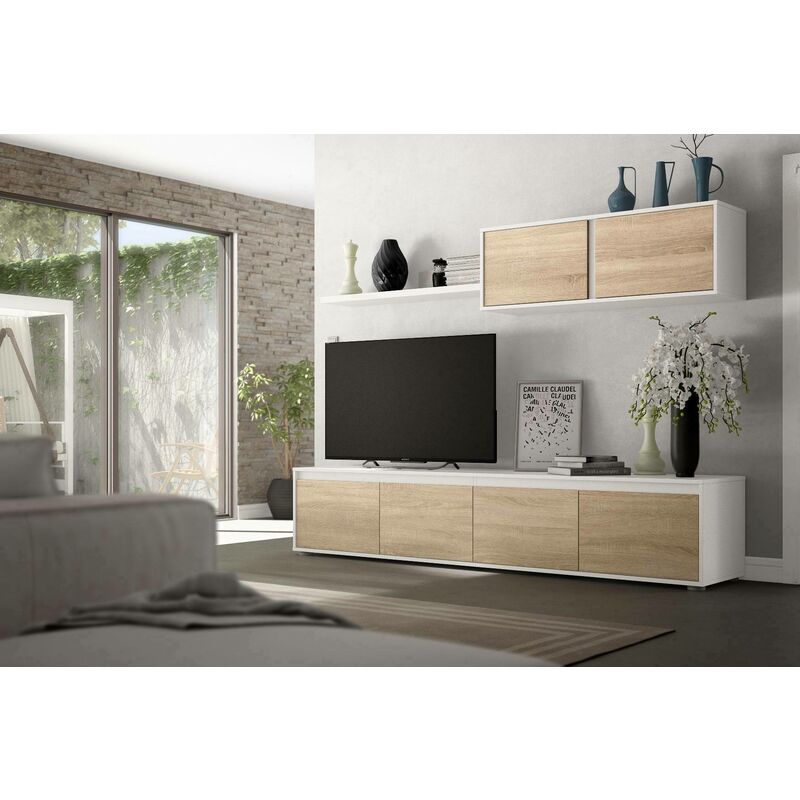 

Mueble para TV Living, con cuatro puertas y módulo colgante con estante, cm 200x41h43, color Roble y Blanco - Dmora