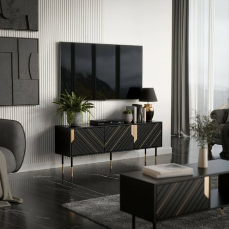 Mueble de TV Perito, aparador de salón con tres puertas batientes y dos compartimentos interiores, elevado del suelo, 154x40 h55 cm, negro y dorado