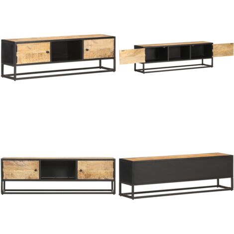 Mueble de TV puerta tallada madera de mango rugosa 130x30x40 cm - Madera de mango rugosa - Mueble de almacenamiento