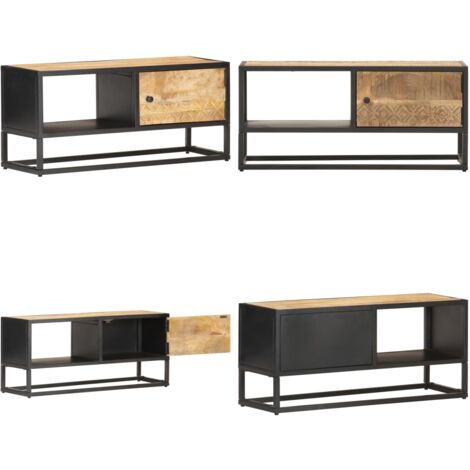 Mueble de TV puerta tallada madera de mango rugosa 90x30x40 cm - Madera de mango rugosa - Mueble de almacenamiento