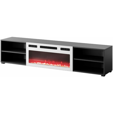 Mueble de TV Rollo de 180 cm de pie /suspendido panel laminado blanco mate con chimenea eléctrica blanco