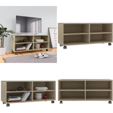 Mueble de TV ruedas madera contrachapada color roble 90x35x35cm - Mueble de TV con ruedas - Mueble de TV roble