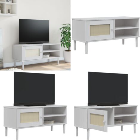 Mueble de TV SENJA aspecto ratán madera pino blanco 106x40x49cm - Madera de pino - Ratán sintético