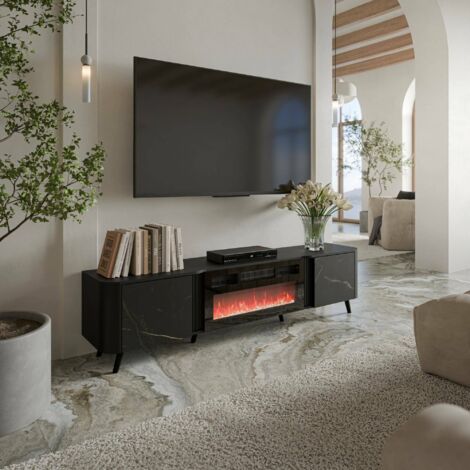 Mueble de TV Vicino, aparador de salón con dos puertas batientes y chimenea eléctrica, elevado del suelo, 191x40 h58 cm, mármol y negro