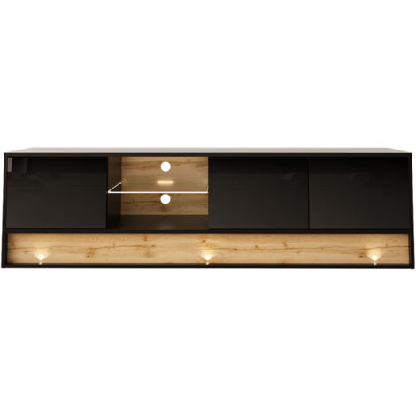 Mueble de TV VISIONARY 180 cm negro brillante / roble wotan