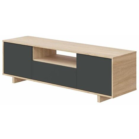 Mueble de TV Zubia tres Puertas y hueco central Acabado en roble y gris antracita 150 cm (Ancho) x 46 cm (Alto) x 41 cm (Fondo)
