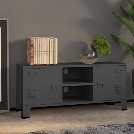 Mueble TV en madera de abeto y metal antracita, estilo retro, 134cm