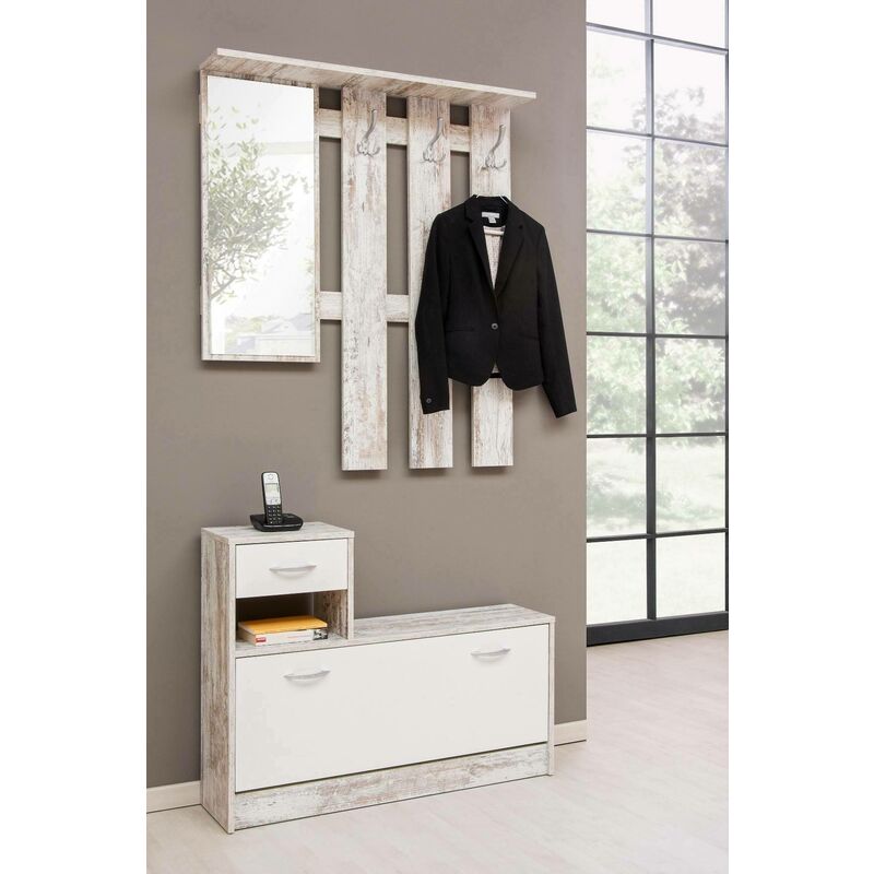 

Mueble de entrada con espejo y zapatero, madera clara y color blanco, 100 x 180 x 25 cm.