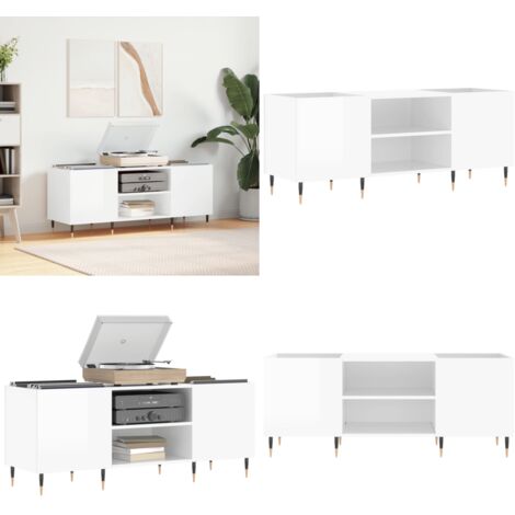 Mueble discos madera contrachapada blanco brillo 121x38x48 cm - Almacenamiento de vinilos - Mueble de madera contrachapada