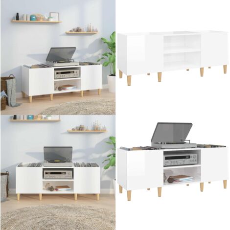 Mueble discos madera contrachapada blanco brillo 121x38x48 cm - Almacenamiento de vinilos - Mueble de vinilos