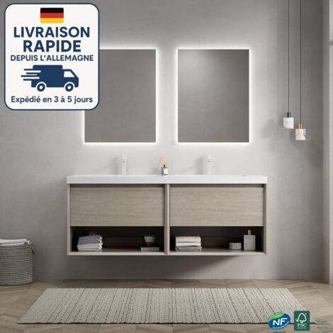Mueble doble lavabo - Montaje mural - 140CM - 2 senos rectangulares de resina blanca - 2 cajones y 2 estantes abiertos - Premontado - Roble claro
