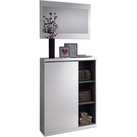 Mueble entrada 79x25x108h cm con zapatero y espejo, blanco brillo gris ceniza – Alhena