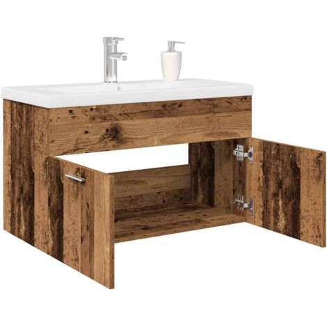 Mueble lavabo con lavabo integrado y grifo madera vieja