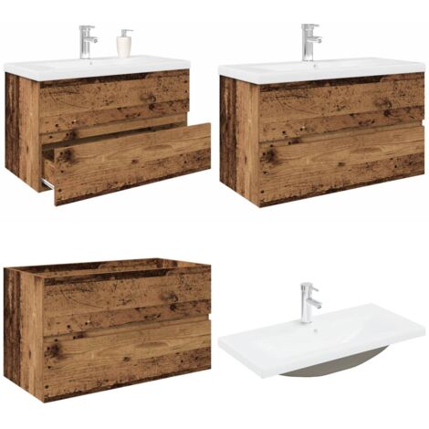 Mueble lavabo con lavabo integrado y grifo madera vieja - Lavabo empotrado - Grifo de agua fría y caliente