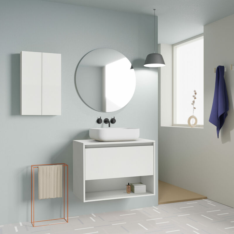 

Amizuva - Mueble de baño NIWA TOP de 80 cms con 1 cajón y 1 hueco. Al.56,5 x An.80 x F.46. Acabado Blanco Brillo | Incluye lavabo cerámico.