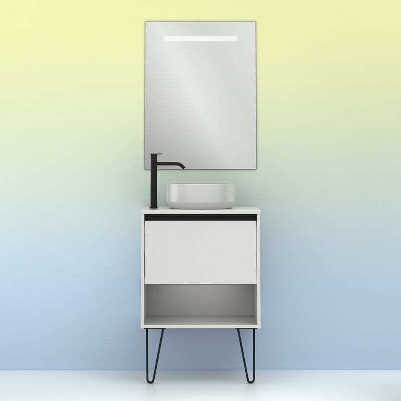 

Amizuva - Mueble de baño YOKO TOP de 60 cms con 1 cajón y 1 hueco. Al.56,5 x An.60 x F.46. Acabado en Blanco Brillo | Incluye lavabo cerámico.