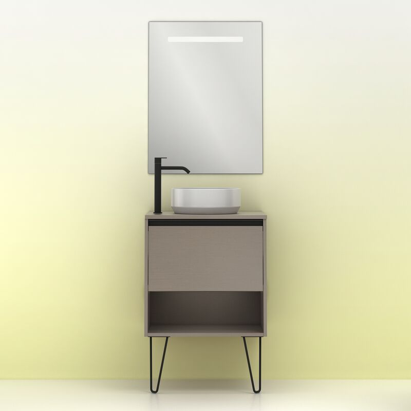 

Amizuva - Mueble de baño YOKO TOP de 60 cms con 1 cajón y 1 hueco. Al.56,5 x An.60 x F.46. Acabado en Fumé Arenado | Incluye lavabo cerámico.