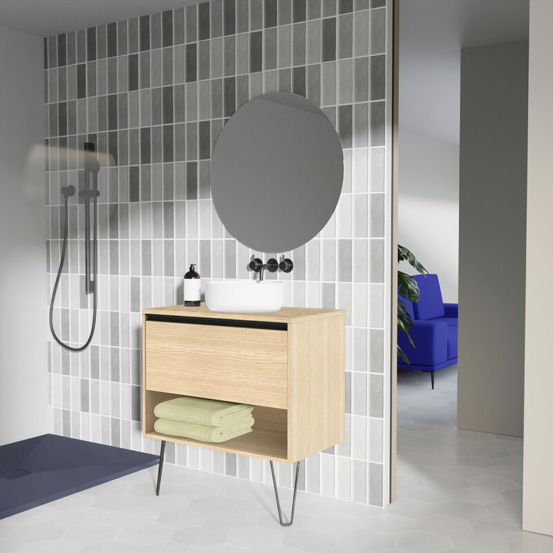 

Amizuva - Mueble de baño YOKO TOP de 80 cms con 1 cajón y 1 hueco. Al.56,5 x An.80 x F.46. Acabado Roble Arenado | Incluye lavabo cerámico.