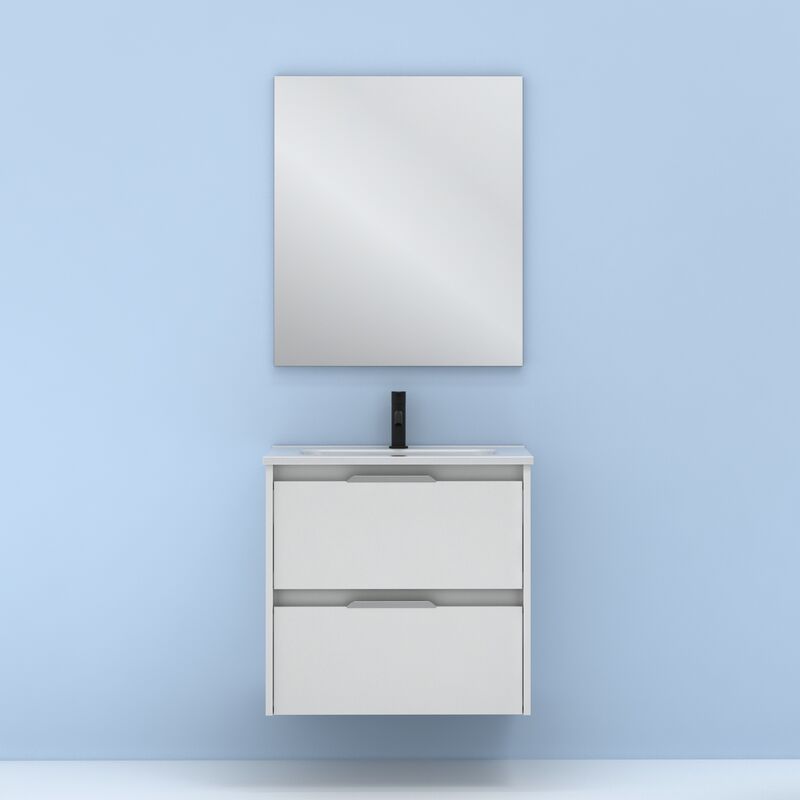 

Amizuva - Mueble de baño SUKI de 60 cms con dos cajones. Al.56,5 x An.60 x F.46. Acabado en Blanco Brillo. | Incluye lavabo cerámico