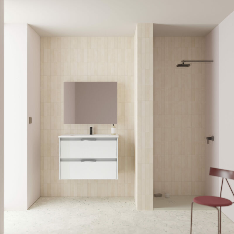 

Amizuva - Mueble de baño SUKI de 80 cms con dos cajones. Al.56,5 x An.80 x F.46. Acabado en Blanco Brillo. | Incluye lavabo cerámico