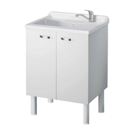 Mueble lavadero blanco compacto de aglomerado hidrófugo de 60x50 cm con cuba de polipropileno – mueble de dos puertas con tiradores cromados para interior – Negrari