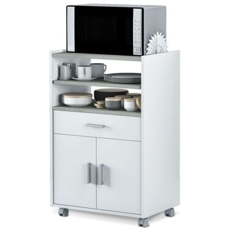 IDROWEB Mueble microondas cocina color blanco y cemento 1 cajón 2 puertas 92x59x40 cm
