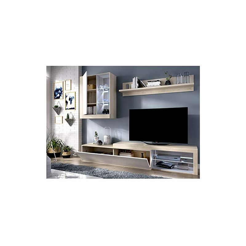 

Mueble salon con estante en natural- blanco brillo ILUMINACION LED