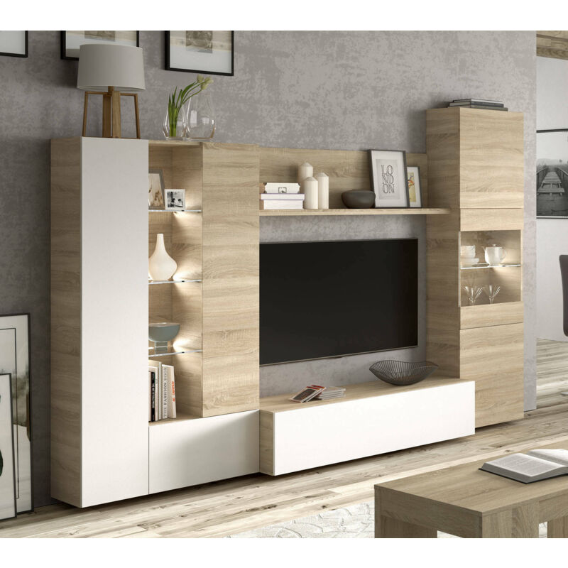 

Mueble de salón modular compuesto por un módulo de mueble TV bajo de una puerta, dos vitrinas de tres puertas y luces LED con balda central, color