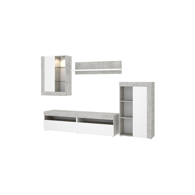 

Mueble Modular salón Moderno,Blanco y Gris Cemento, Medidas: 265 cm (ancho) x 180 cm (alto) x 42 cm (fondo)