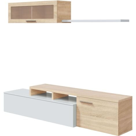 MOBIMARKET Mueble Modular TV Nexus 3 módulos salón comedor color roble Canadian y blanco Artik estilo nórdico 200x32 cm