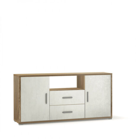 Mueble móvil con 2 puertas y 2 cajones, 174L x 41P x H84 – Acabado en madera nogal y blanco mate – Sarmog