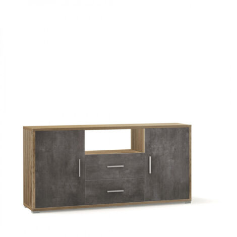 Mueble móvil con 2 puertas y 2 cajones, 174L x 41P x H84 – Acabado en madera nogal y negro mate – Sarmog