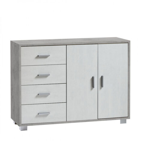 Mueble móvil con 2 puertas y 4 cajones, 116L x 41P x h86 – Acabado cemento y blanco opaco – Sarmog