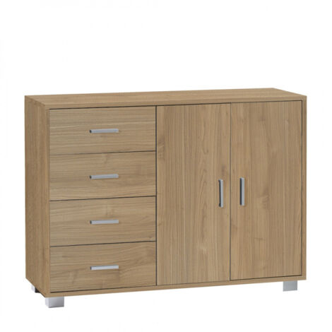 Mueble móvil con 2 puertas y 4 cajones, 116L x 41P x h86 – Acabado en madera nogal – Sarmog