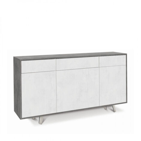 Mueble móvil con 3 puertas y 3 cajones, 164L x 41P x h92 – Acabado cemento y blanco opaco – Sarmog