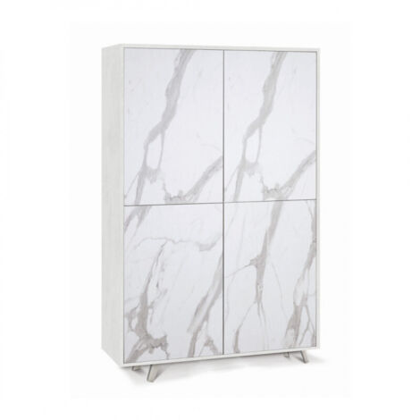 Mueble móvil con 4 puertas 108L x 41P x h161 – Acabado Blanco Opaco y Mármol Calacatta – Sarmog