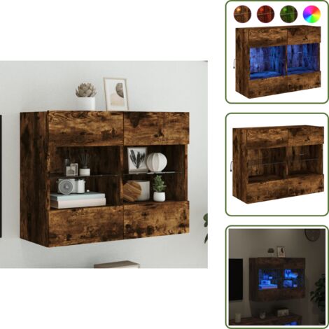 Mueble multimedia - vidaXL Mueble TV de pared con luces LED roble ahumado 78,5x30x60,5 cm - Estantería de pared