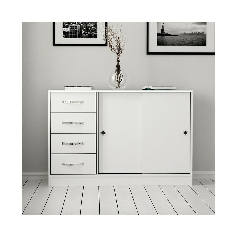 

Mueble Multiusos Sunrise con Puertas, Compartimientos, Cajones - para Salon, Entrada - Blanco en Madera, 110 x 39 x 80 cm
