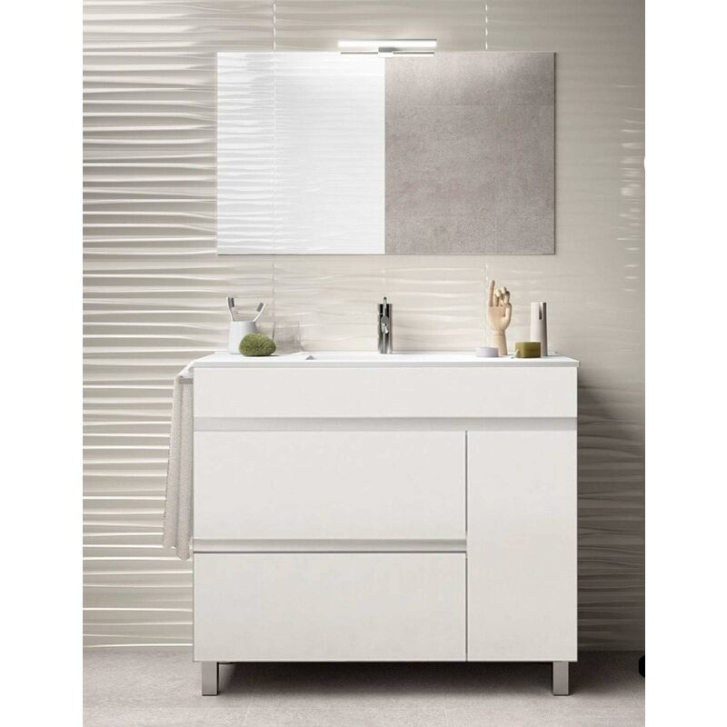Mueble Para Baño De Diseño Hémera Blanco Con Lavabo, Espejo, Y Toallero Aplique Led No Incluido 60Cm