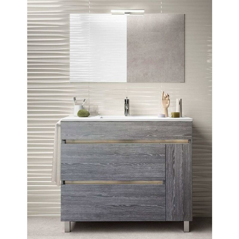 Mueble Para Baño De Diseño Hémera Gris Ceniza Con Lavabo, Espejo, Y Toallero Aplique Led No Incluido 100Cm