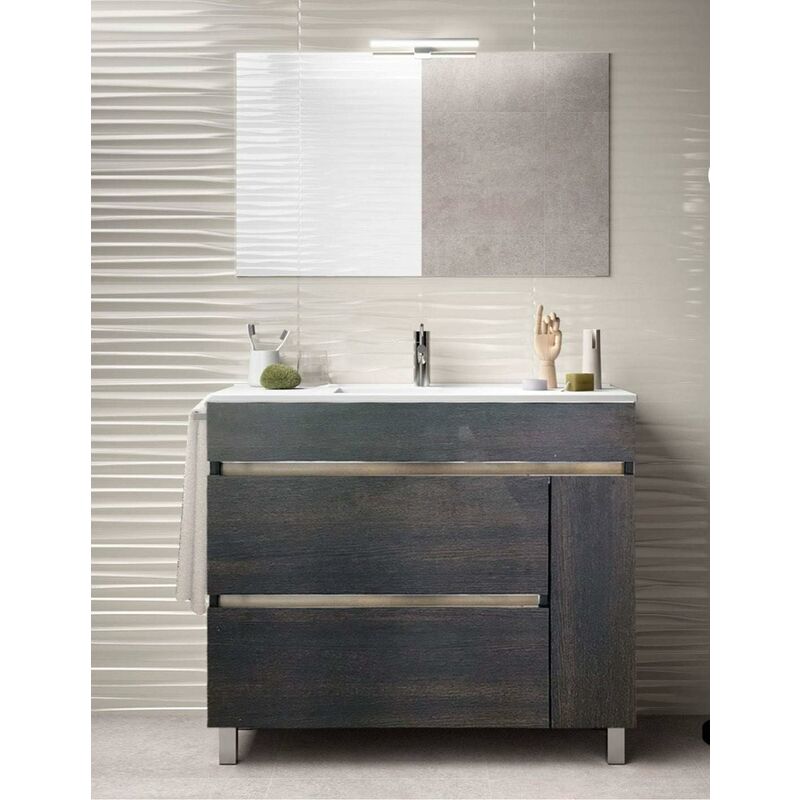 Mueble Para Baño De Diseño Hémera Marrón Con Lavabo, Espejo, Y Toallero Aplique Led No Incluido 60Cm