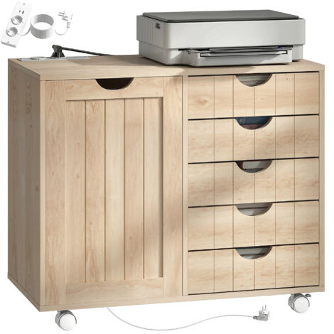 Mueble para impresora con estación de carga y ruedas, 5 cajones, puertos USB, estante ajustable, acabado natural.
