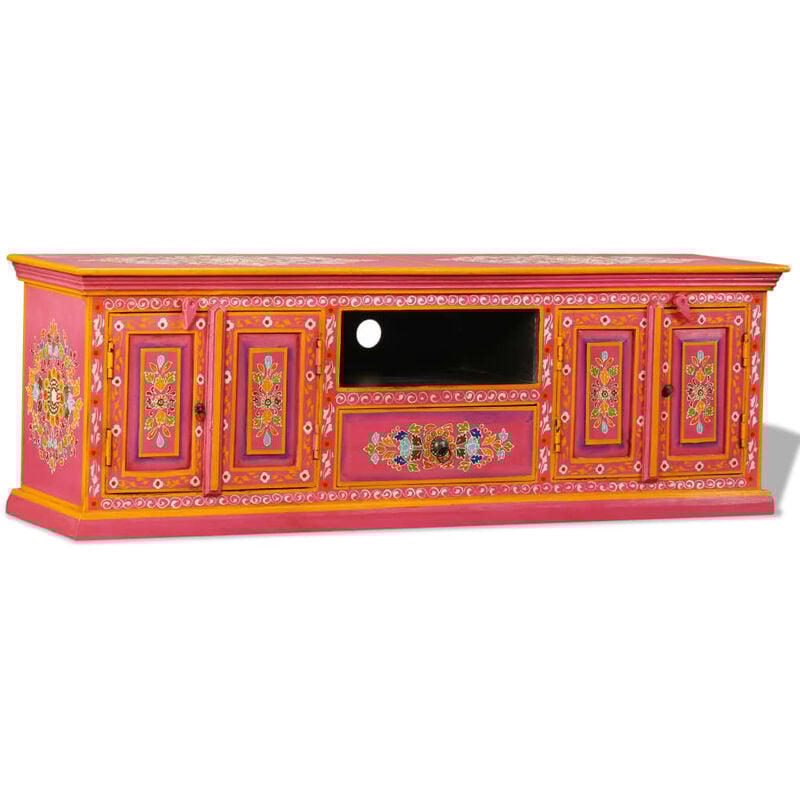 

Mueble para la TV de madera maciza de mango rosa pintada a mano - Multicolor