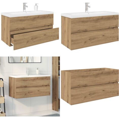 Mueble para lavabo con lavabo integrado y grifo roble artesanal - Lavabo empotrado - Grifo de agua fría y caliente