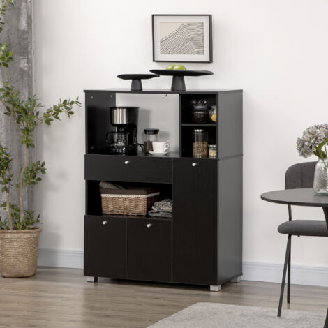 Mueble para Microondas con Cajón Estantes 3 Puertas 3 Compartimientos Diseño Anti-vuelco para Comedor 90x40x120 cm Negro