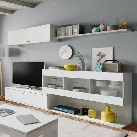 Mueble para salón modular Aral color blanco brillo comedor mesa Tv vitrina estilo moderno nórdico almacenaje 260x41 cm