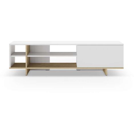 Mueble para televisión 1 puerta y 4 huecos Celia acabado blanco/roble, 44cm(alto) 160cm(ancho) 35.6cm(largo).
