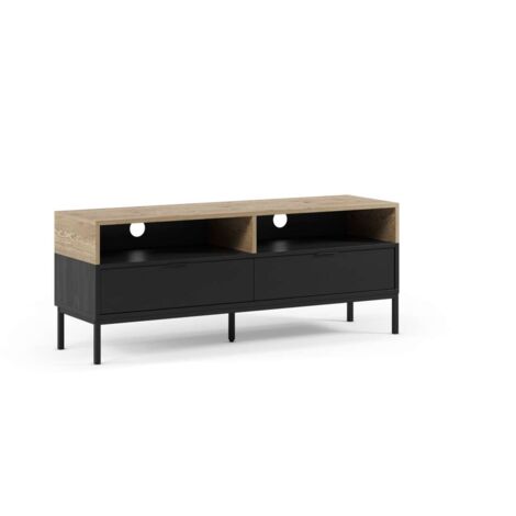 Mueble para televisión 2 puertas 2 huecos mod-Lidia acabado roble y negro, 140cm(ancho) 55cm(alto) 40cm(largo)